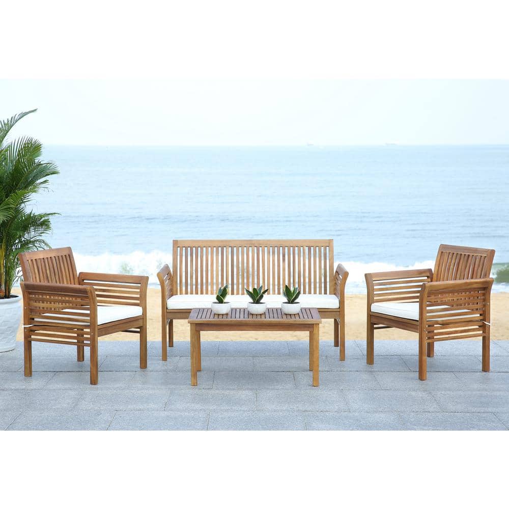Transitional Acacia Wood 4-Person Outdoor Patio Set in Natural Beige
