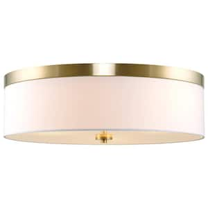 Walker 20.5 in. 40-Watt 3-Light White Shade Cool Brass Contemporary Flush Mount