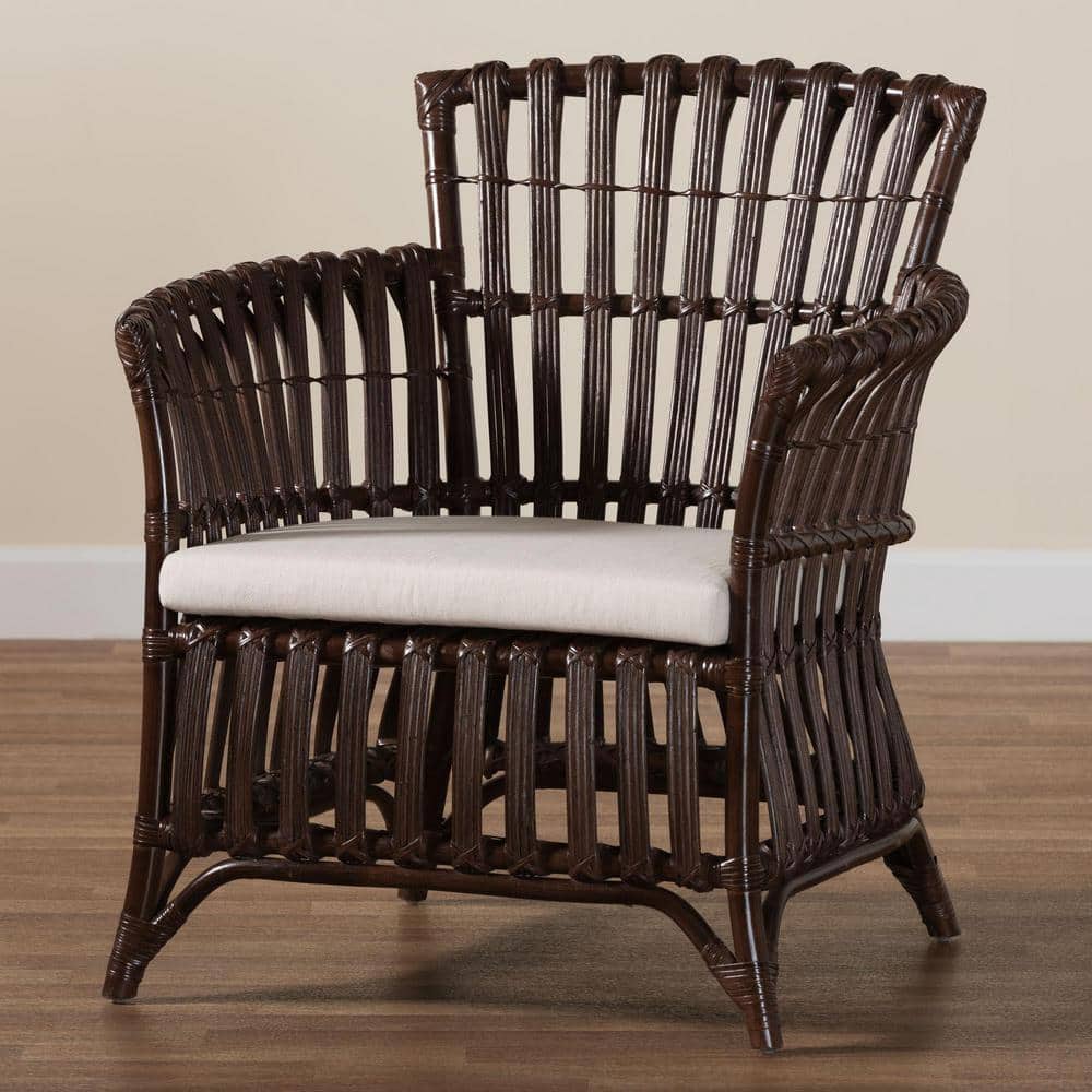 Brooklyn Bohemian Very Dark Brown Rattan Arm Chair with Cushion