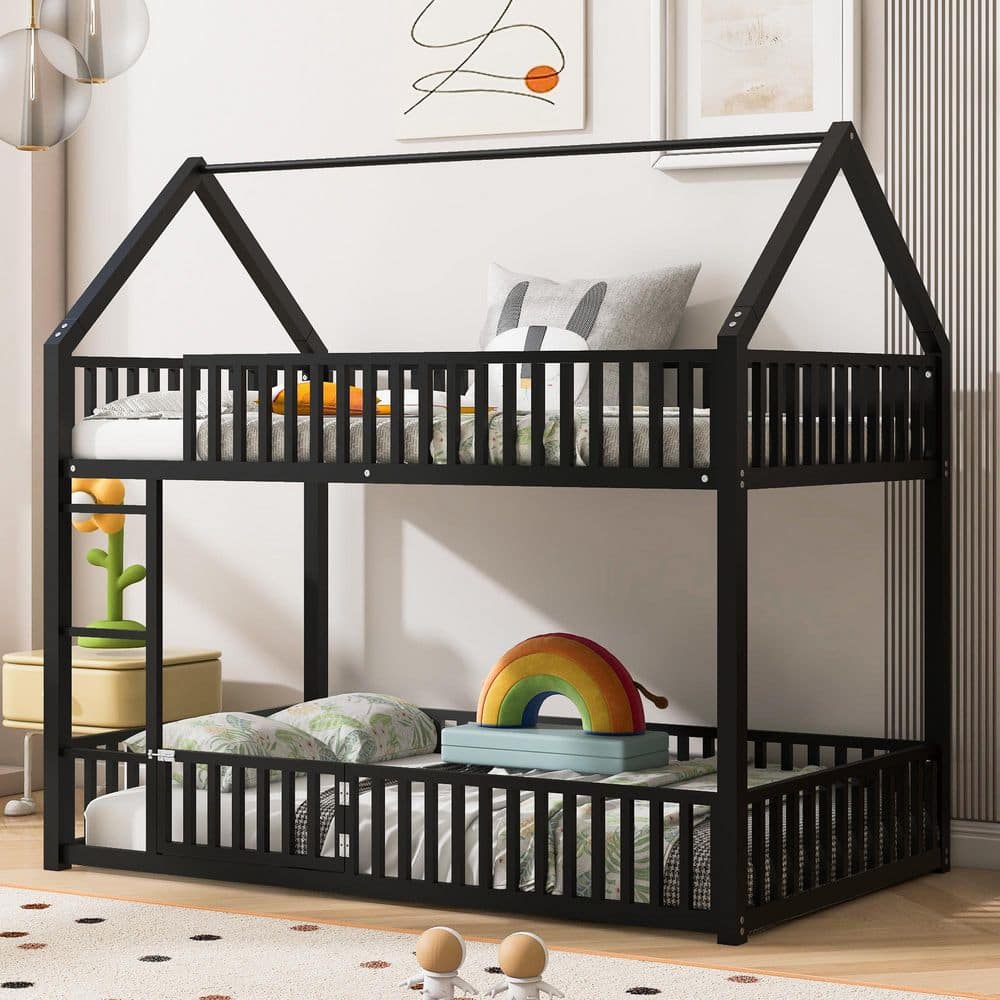 Black Twin over Twin Bunk Bed with Fence and Door price history on PriceWatchPro