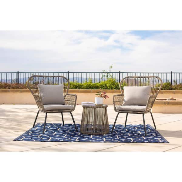 Barton 3-Piece 2-Chairs Outdoor Wicker Bistro Set with Gray Cushion and Table