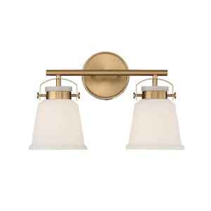 Kaden 16 in. W x 10.5 in. H 2-Light Warm Brass Bathroom Vanity Light with White Opal Glass Shades