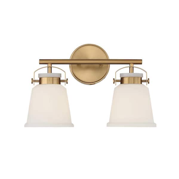 Savoy House Kaden 16 in. W x 10.5 in. H 2-Light Warm Brass Bathroom Vanity Light with White Opal Glass Shades