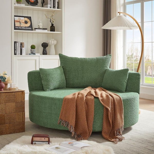 Green Chenille 360° Round Swivel Chair Accent Sofa Chair with 3 Removable Pillows for Living Room