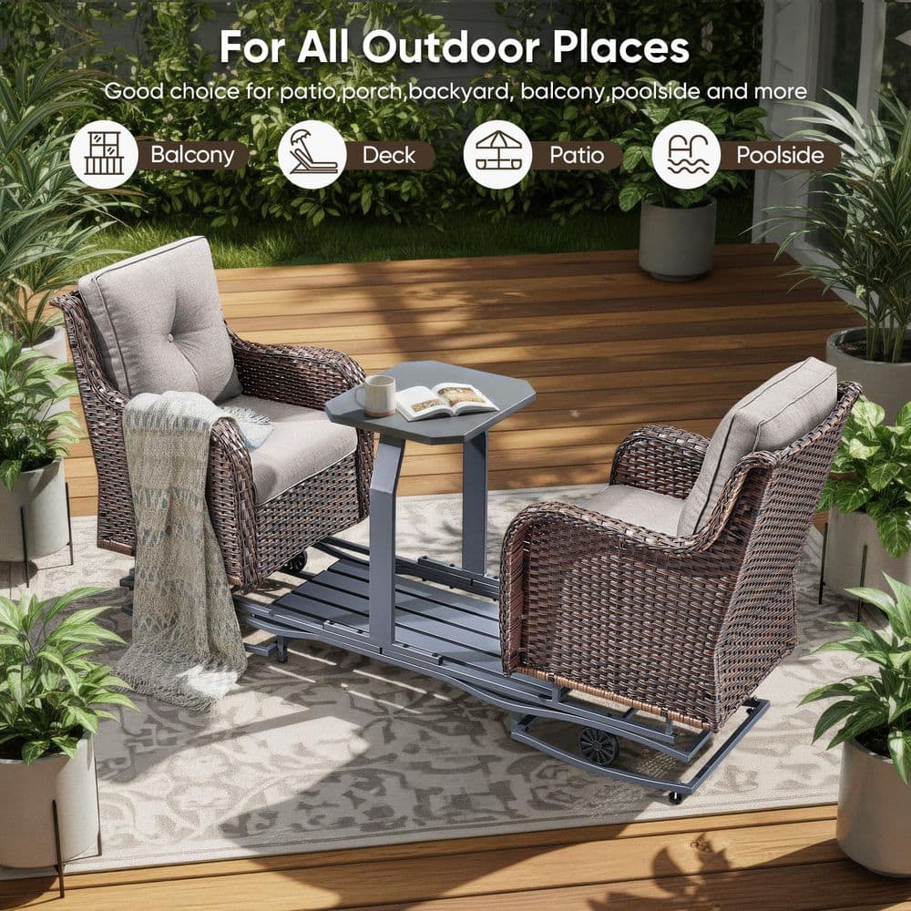 Moosprr Arcline brown PE wicker 2-person outdoor glider chair with beige cushions and center table in a garden setting.