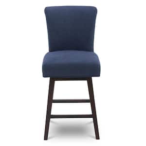 Dennis 26 in. Midnight Blue High Back Solid Wood Frame Swivel Counter Height Bar Stool with Fabric Seat