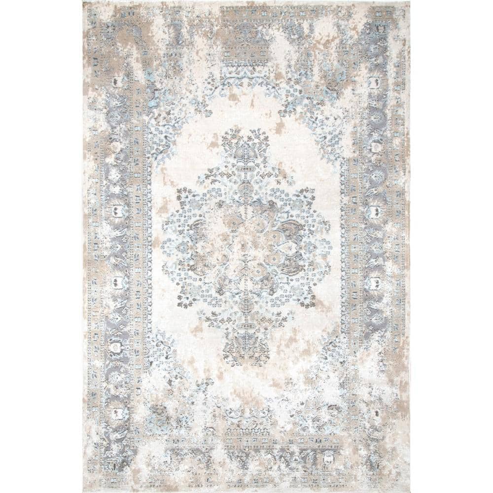 Silver and Beige Oriental Synthetic 4' x 6' Area Rug