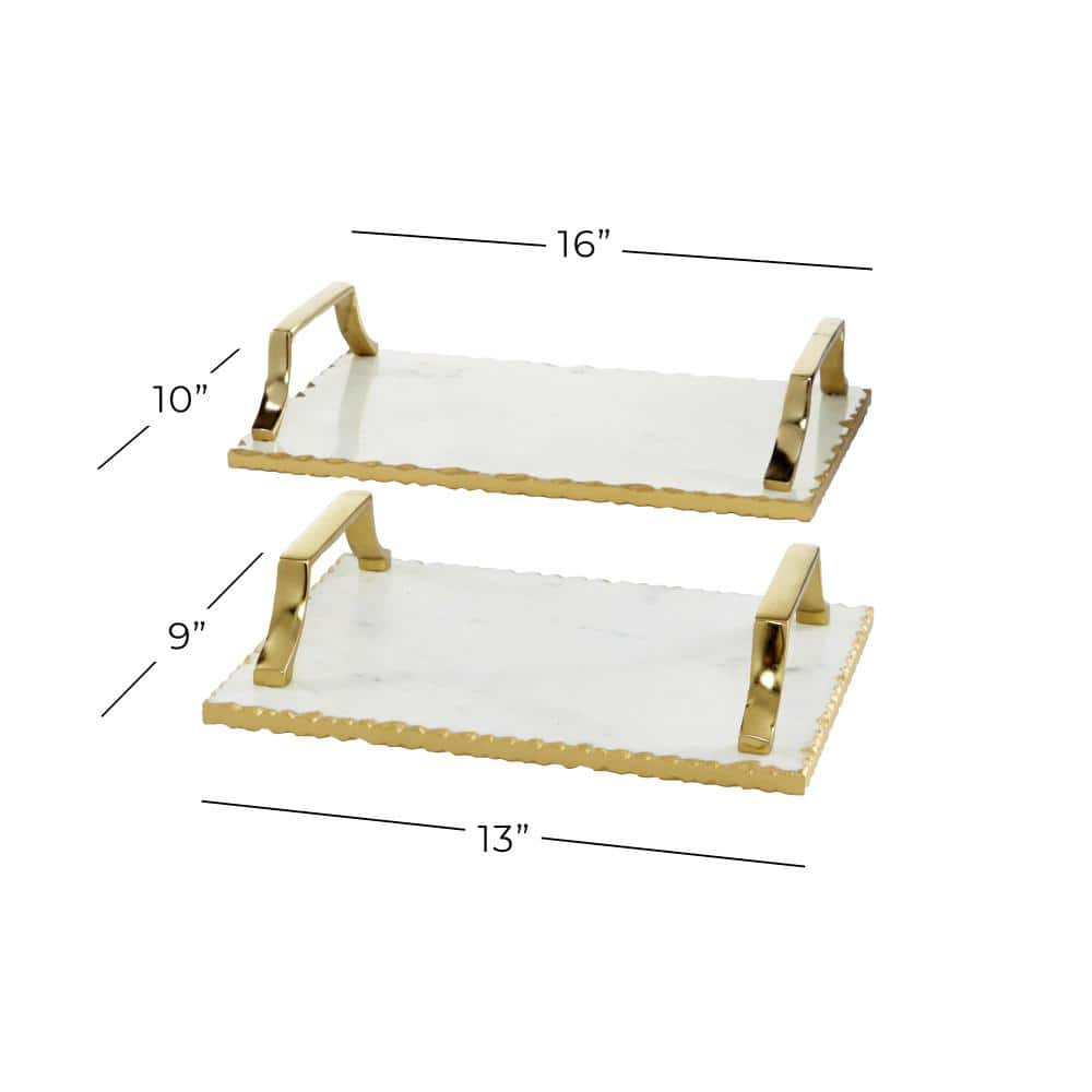 Gold and White Ceramic Rectangular Tray Set with Metal Handles