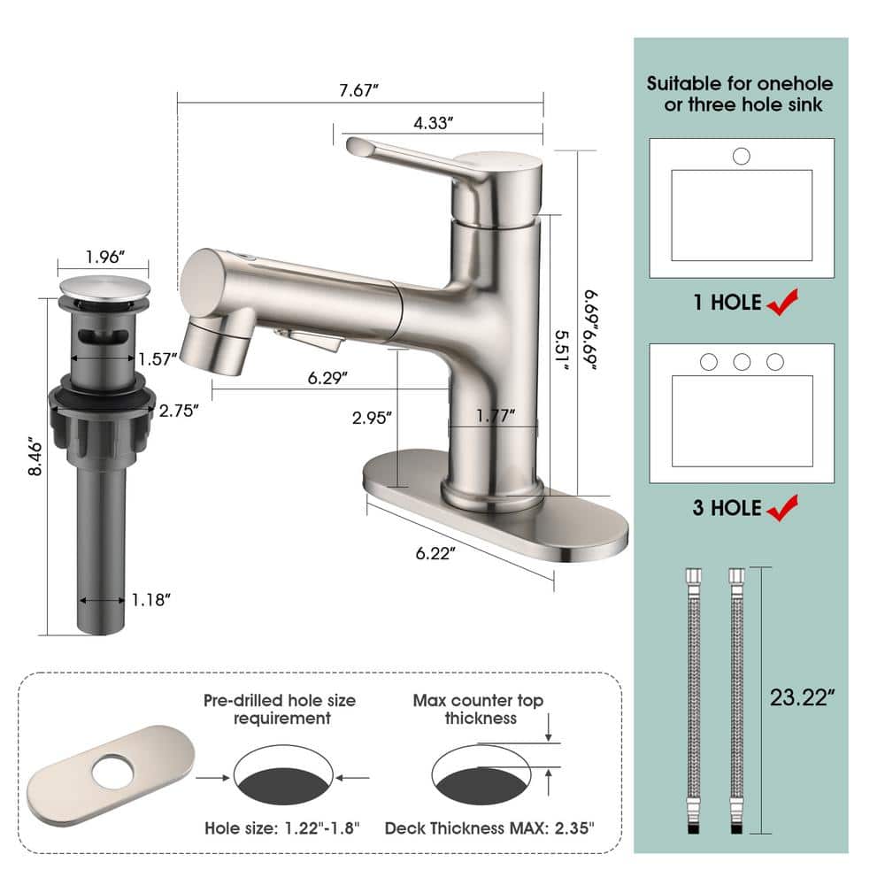 Brushed Nickel Single Handle Bathroom Faucet with Pull-Out Sprayer