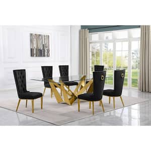 Meryl 7-Piece Rectangular Glass Top Gold Stainless Steel Dining Set With 6-Black Velvet Gold Stainless Steel Chairs