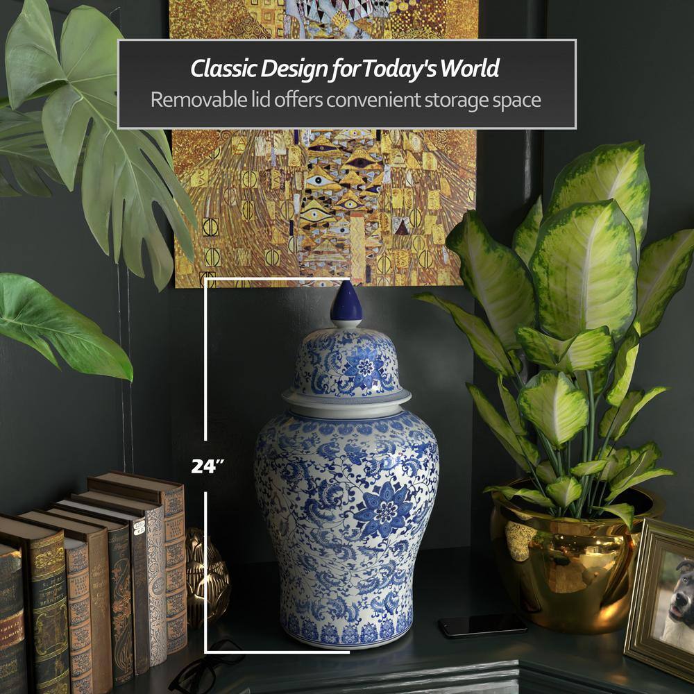 24" Blue and White Floral Porcelain Temple Jar