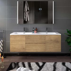 NJ 59 in. W x 19.63 in. D x 21.5 in. H Double Sink Floating Bath Vanity in Natural Oak with White Resin Top