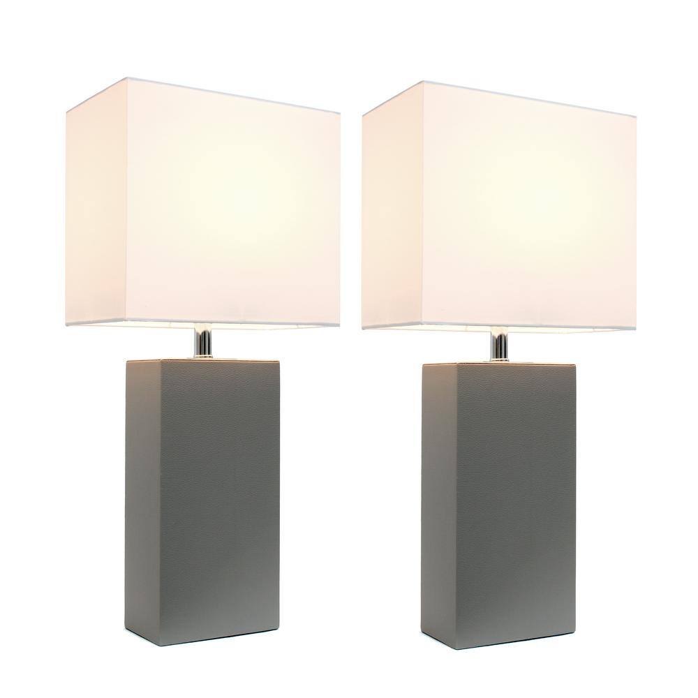 Set of 2 White Leather Table Lamps with Fabric Shades