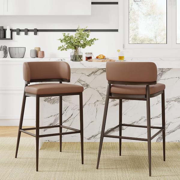 37 in. H Brown Low Back Metal Bar Stool with Upholstered Tech Fabric Seat (Set of 2)