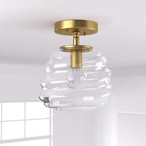 Raleigh 8-in Brass Semi-Recessed Ceiling Fixture with Transparent Spiral-Patterned Glass Shade.