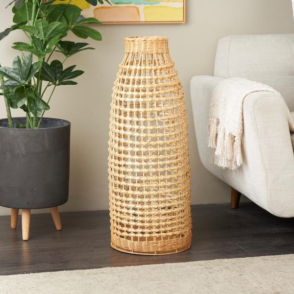 Litton Lane 30 in. Brown Handmade Woven Rattan Decorative Vase with Open Framed Grid Design