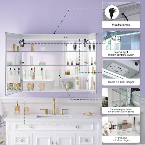 WELLFOR 36-in x 30-in Lighted LED Fog Free Surface Mount Aluminum Mirrored Soft Close Medicine Cabinet with Outlet