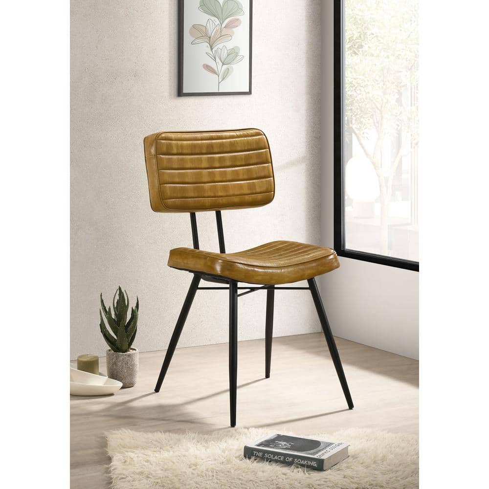 Camel Genuine Leather Upholstered High Side Chair with Metal Legs
