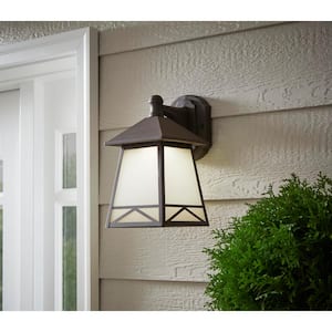 Bronze LED Outdoor Wall Lantern Sconce with Frosted Tea Stain Glass