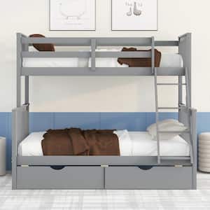 Gray Twin Over Full Bunk Bed with Two Drawers, Solid Wood Bunk Bed Frame, Can be Converted Into 2 Separate Beds