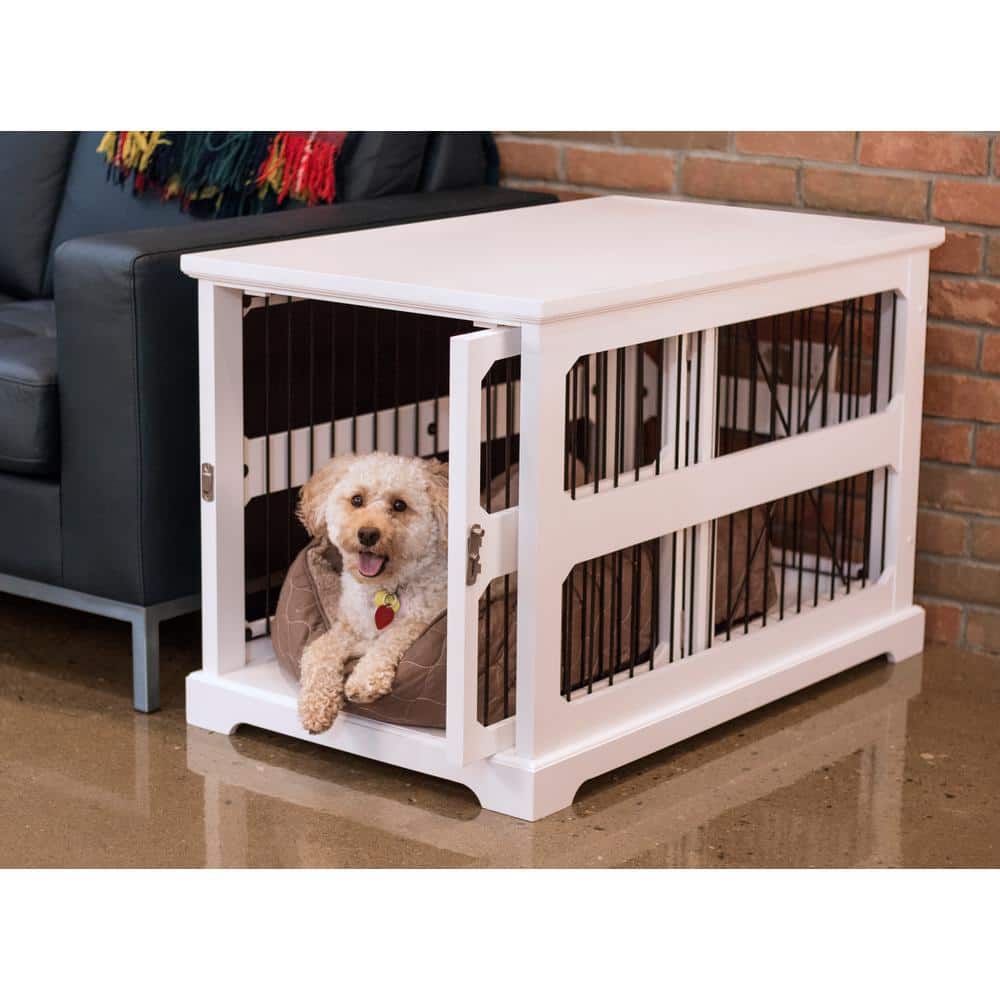 Modern White Slide-Aside Pet Crate & Side Table - Medium