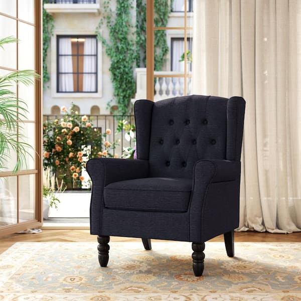 Uixe Modern Black Blue Linen Upholstered Button High Back Accent
