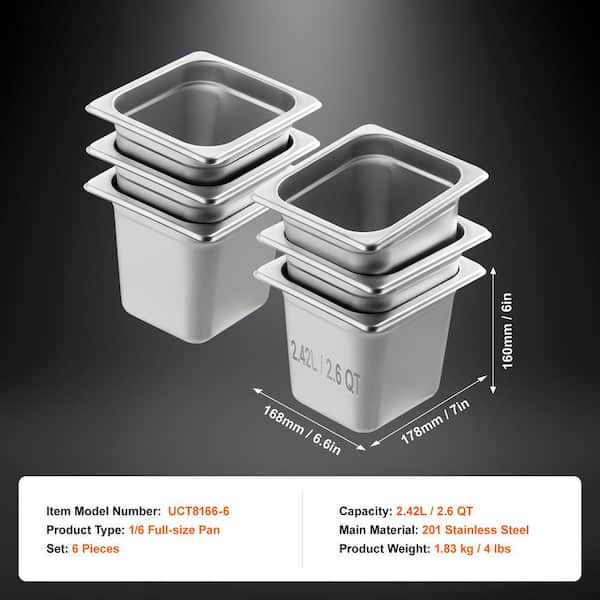 SVOPES 6 in. D Hotel Pans 2.6 qt. Silver 1/6 Size Anti-Jam Steam