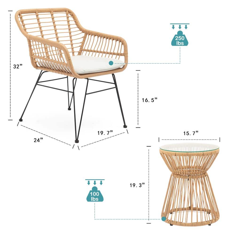 3-Piece Wicker Frame Rattan Outdoor Bistro Patio Set with White Cushions