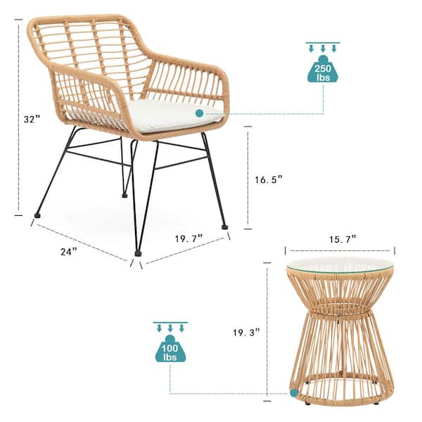 Unbranded 3-Piece Wicker Frame Rattan Outdoor Bistro Patio Set with White Cushions