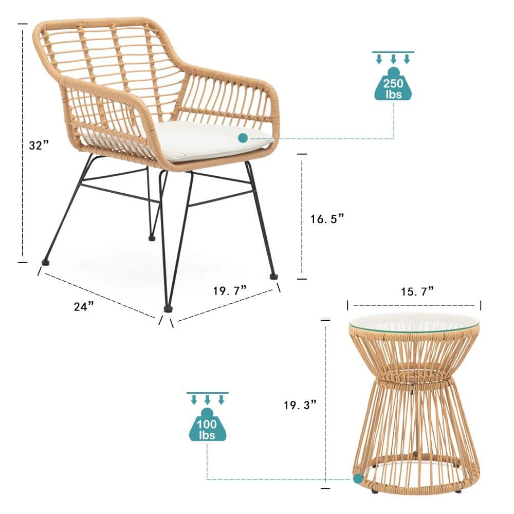 3-Piece Outdoor Wicker Patio Conversation Set With Glass Top Table And ...