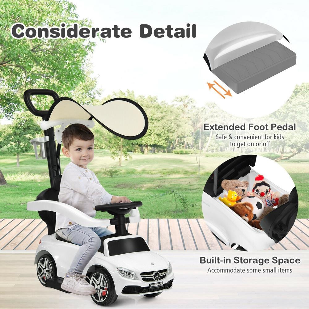 White Mercedes-Benz Licensed 3-in-1 Ride-On Push Car