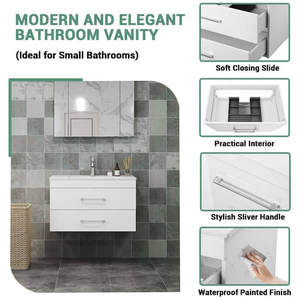 32 in. Wall Mounted Single Sink White Bath Vanity with White Ceramic Top Requires Assembly