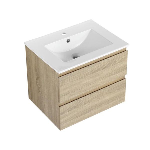 24 in. Wall Mounted Light Oak Bath Vanity with White Ceramic Sink Top Unassembled