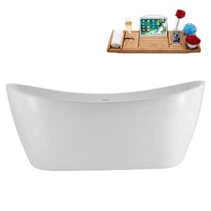 67 in. x 32 in. Acrylic Freestanding Soaking Bathtub in Glossy White with Polished Chrome Drain, Bamboo Tray