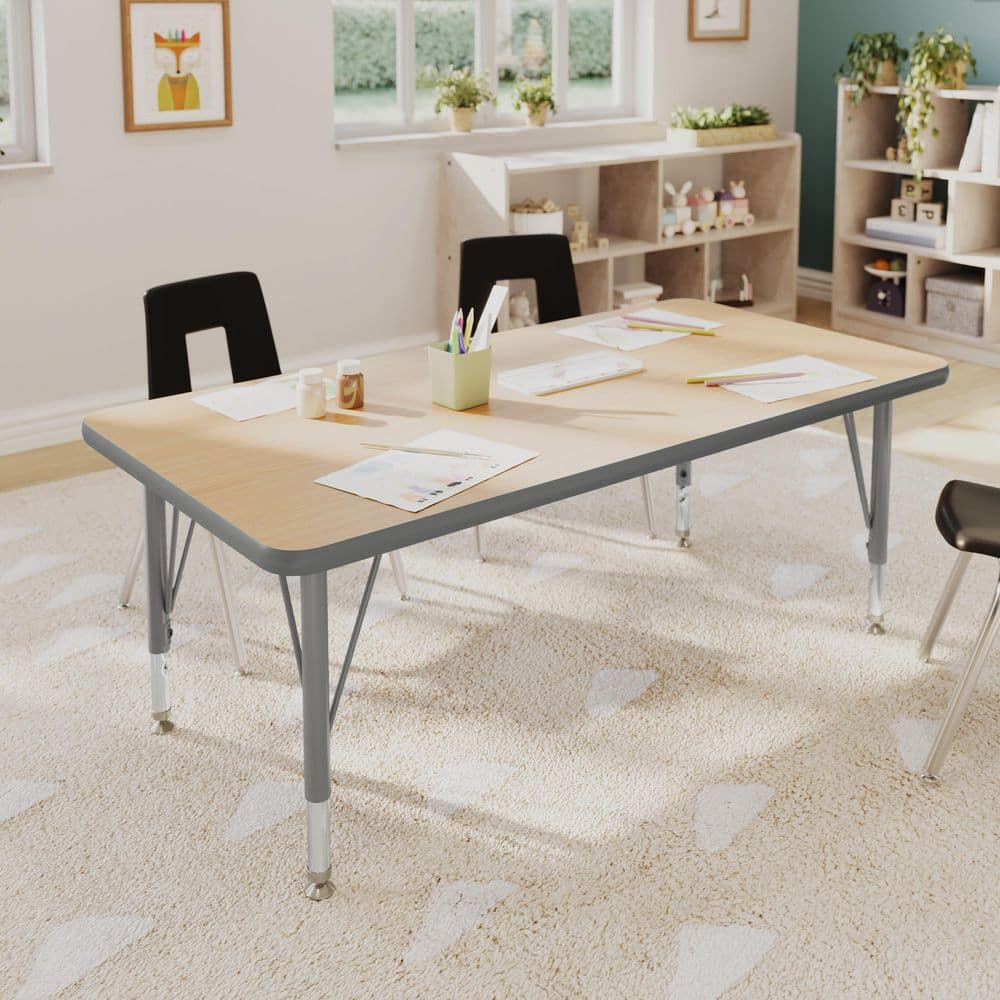 Wren Adjustable Light Natural Top/Silver Frame Rectangle Kids Activity Table with Thermal Laminate Top for 4