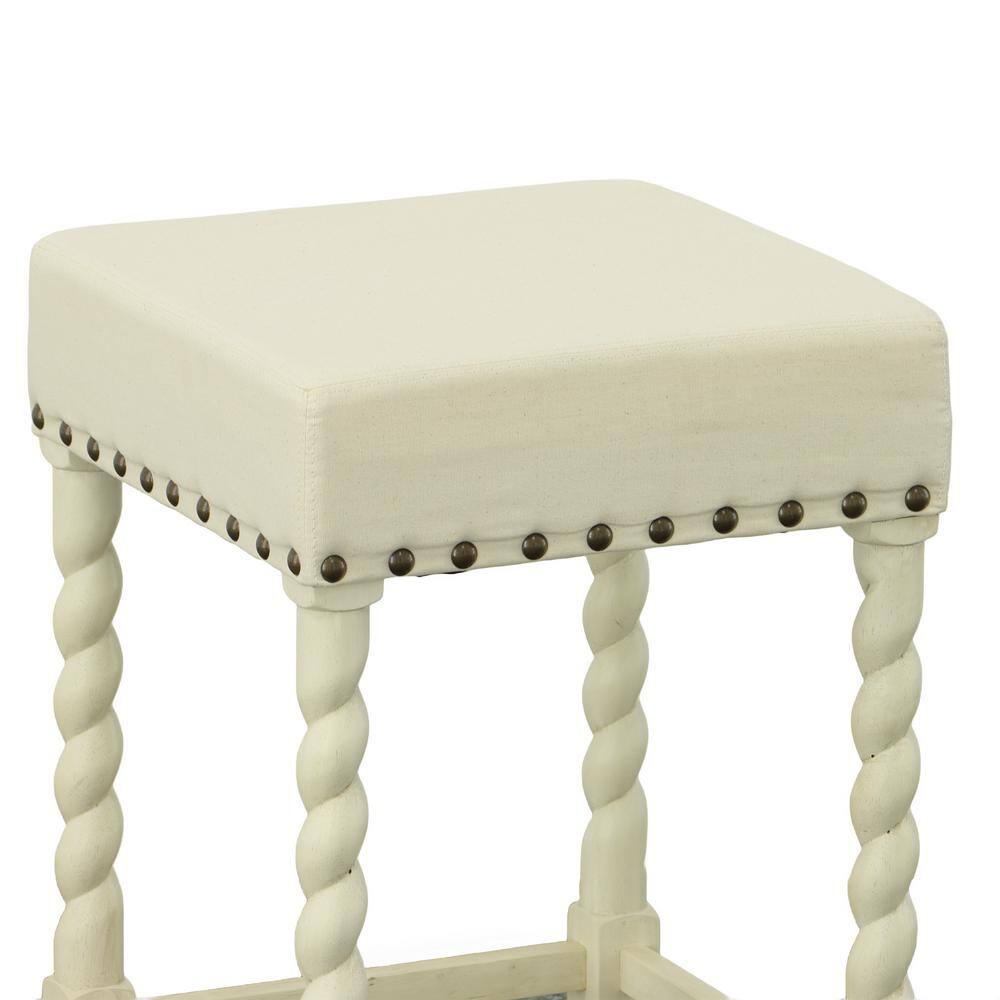 Vintage White Linen and Wood 32'' Backless Counter Stool