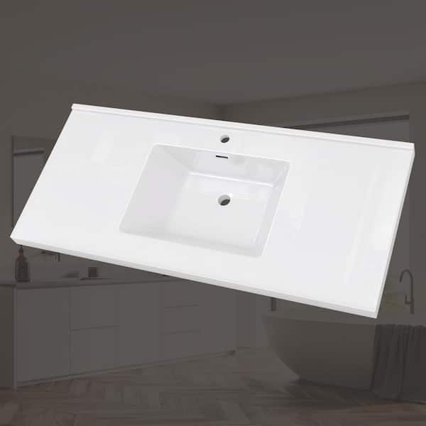 48 in. W x 22 in. D Solid Surface White Rectangular Center Single Sink Bathroom Vanity Top with Pre-drilled Single Hole