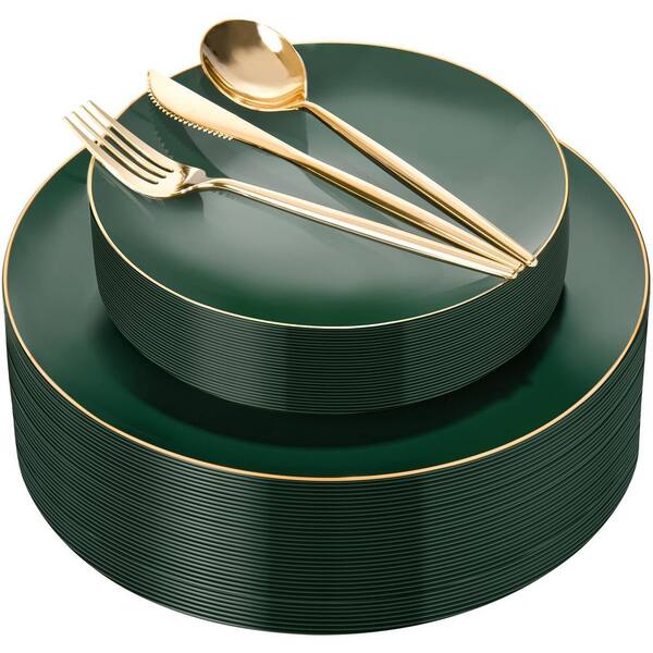 150-Piece Green Disposable Plastic Dinnerware Set (Service for 30) with Dinner Plate, Dessert Plate, Gold Cutlery Set