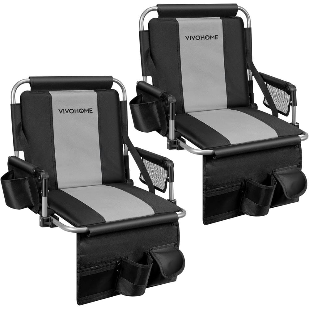 VIVOHOME 2 Pack Stadium Seats With Back Support | Portable Bleacher Chair With Cushion, Cup Holder, Shoulder Strap - Black