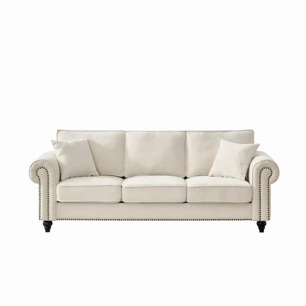 Modern Collection 86 in. Rolled Arms Chenille 3-Seater Sofa with Nailhead Trim and Wood Legs in Beige