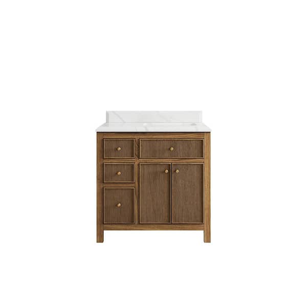 Willow Collections Sonoma Teak 36 in. W x 22 in. D x 36 in. H Right Offset Sink Bath Vanity in Dark Teak with 1.5" Calacatta Quartz Top