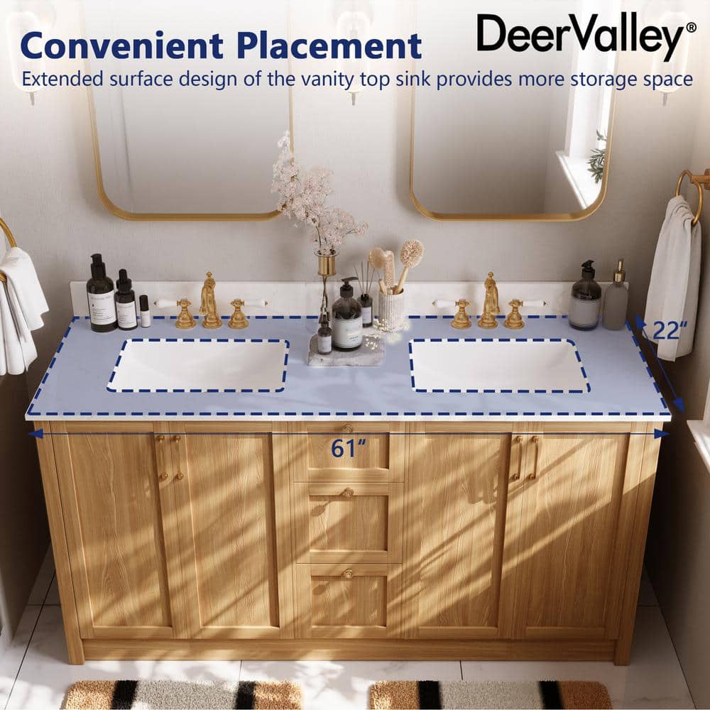 61" White Engineered Stone Double Vanity Top with Ceramic Sinks