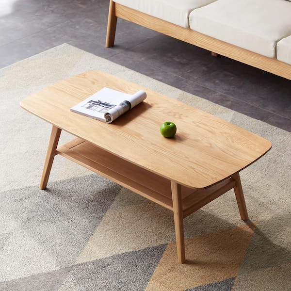Harper & Bright Designs 39.37 in. Natural Oak Rectangle 100% Solid Wood Low Coffee Table with Storage Shelf