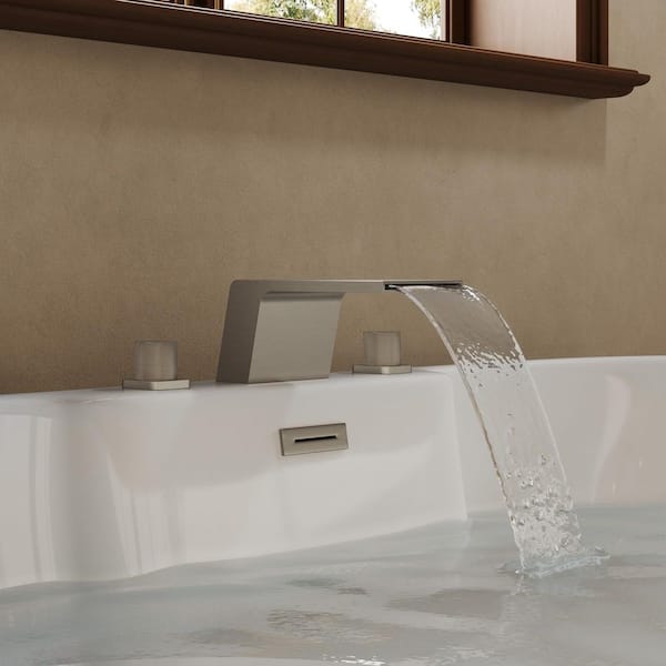 SerenityStream Widespread Double Handle Deck Mounted Roman Tub Faucet Waterfall Bathtub Faucet 5. 5GPM in Brushed Nickel