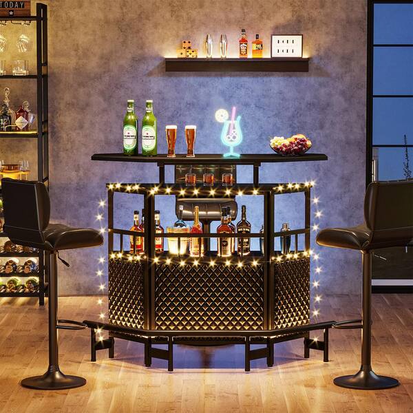 BYBLIGHT Kearsten Vintage Brown Home Bar Industrial 3 Tier Liquor Bar Table with Glasses Holder and Wine Storage