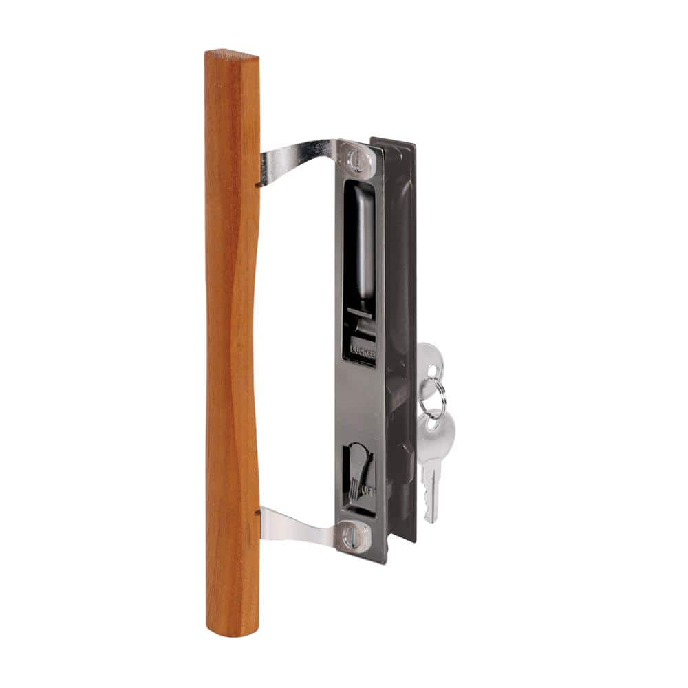 Prime-Line Sliding Glass Door Handle Set, 6-5/8 in., Diecast and Wood, Hook Style, Flush Mount, Keyed -  C 1032