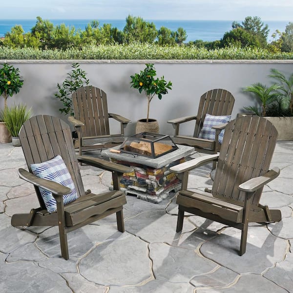 null Vicky Grey 5-Piece Acacia Wood/Stone Patio Fire Pit Conversation Set