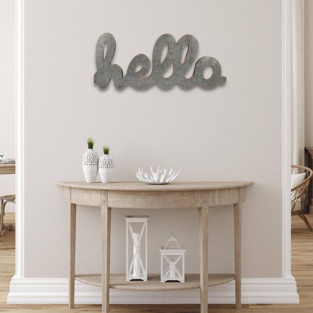 28 in. x 11.75 in. Gray Handcrafted Metal Hello Wall Art