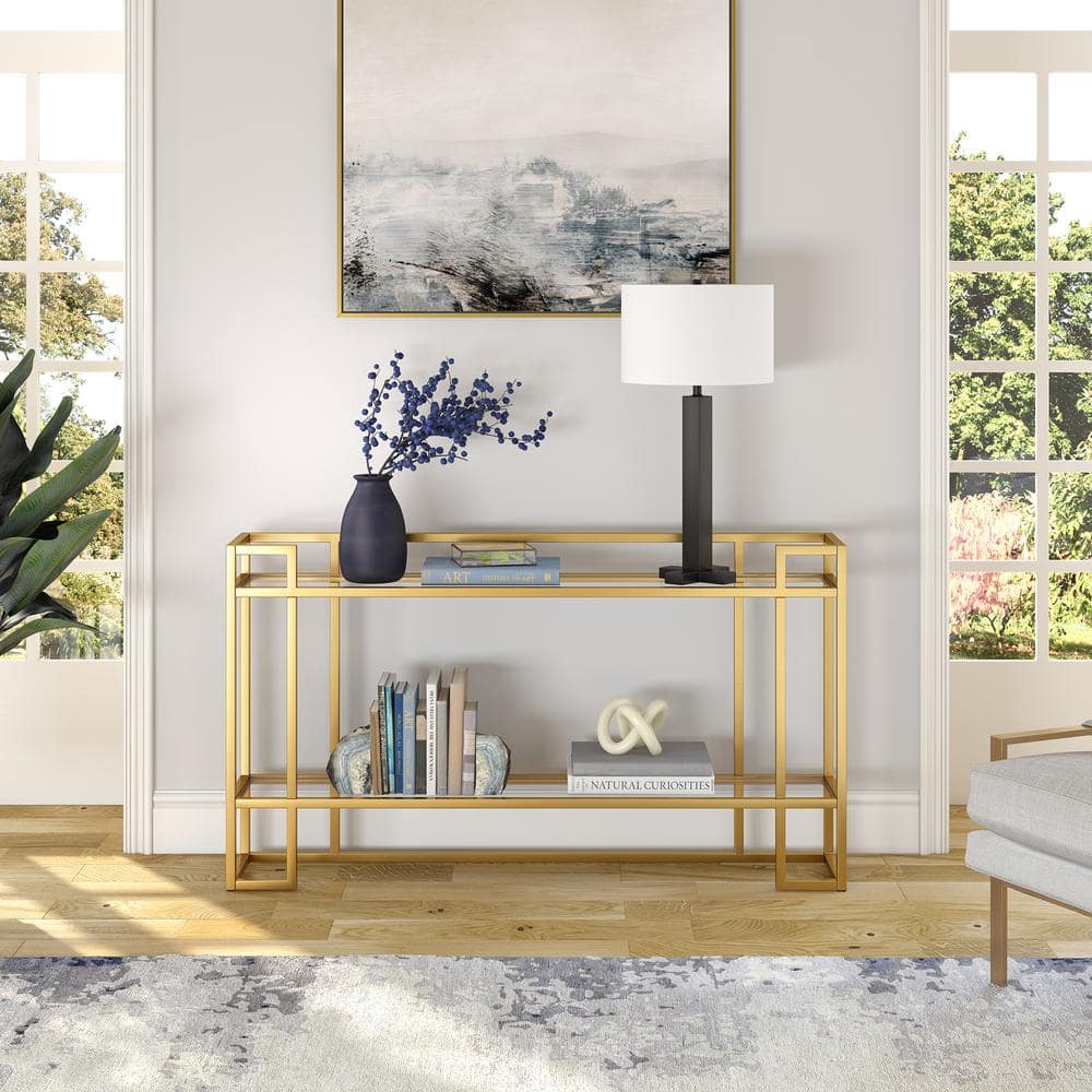 Art Deco-Inspired Brass Console Table with Tempered Glass Shelf