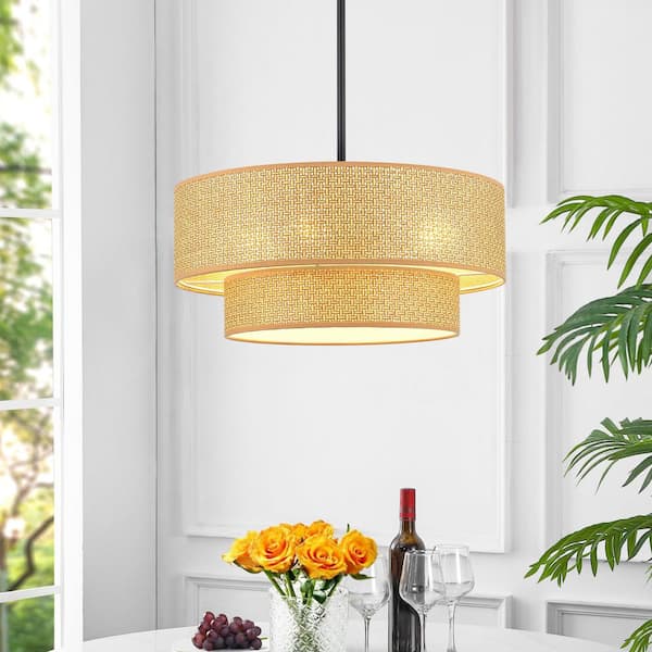 18 in. 4-Light Tan Drum Shaded Chandelier with 2-Tier Fabric Shade